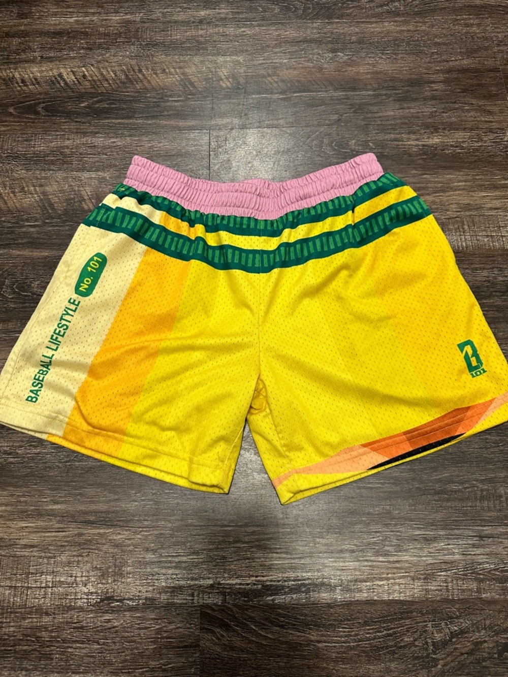 Baseball Lifestyle 101 Yellow Mesh Athletic Pencil Shorts with Pink Waistband
